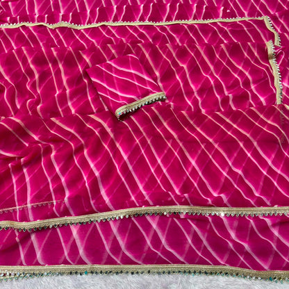 Georgette Leheriya Saree with Mirror Lace Border & Unstitched Blouse | Designer Party Wear Saree