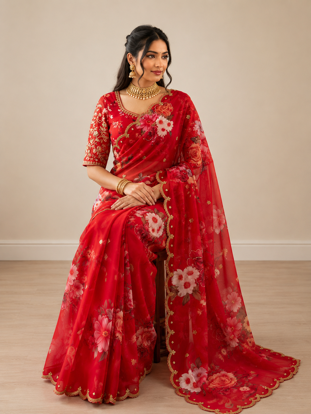 Guldasta Pure Georgette Silk Saree with Digital Floral Print & Cutdana Work