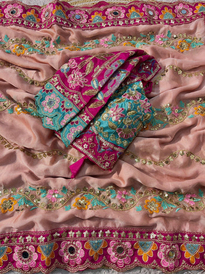 Premium Rangoli Silk Designer Saree with Embroidery & Mirror Work Blouse