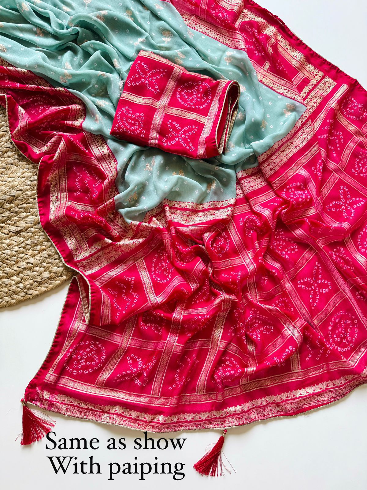 Dull Moss Foil Print Saree with Piping Border & Matching Blouse
