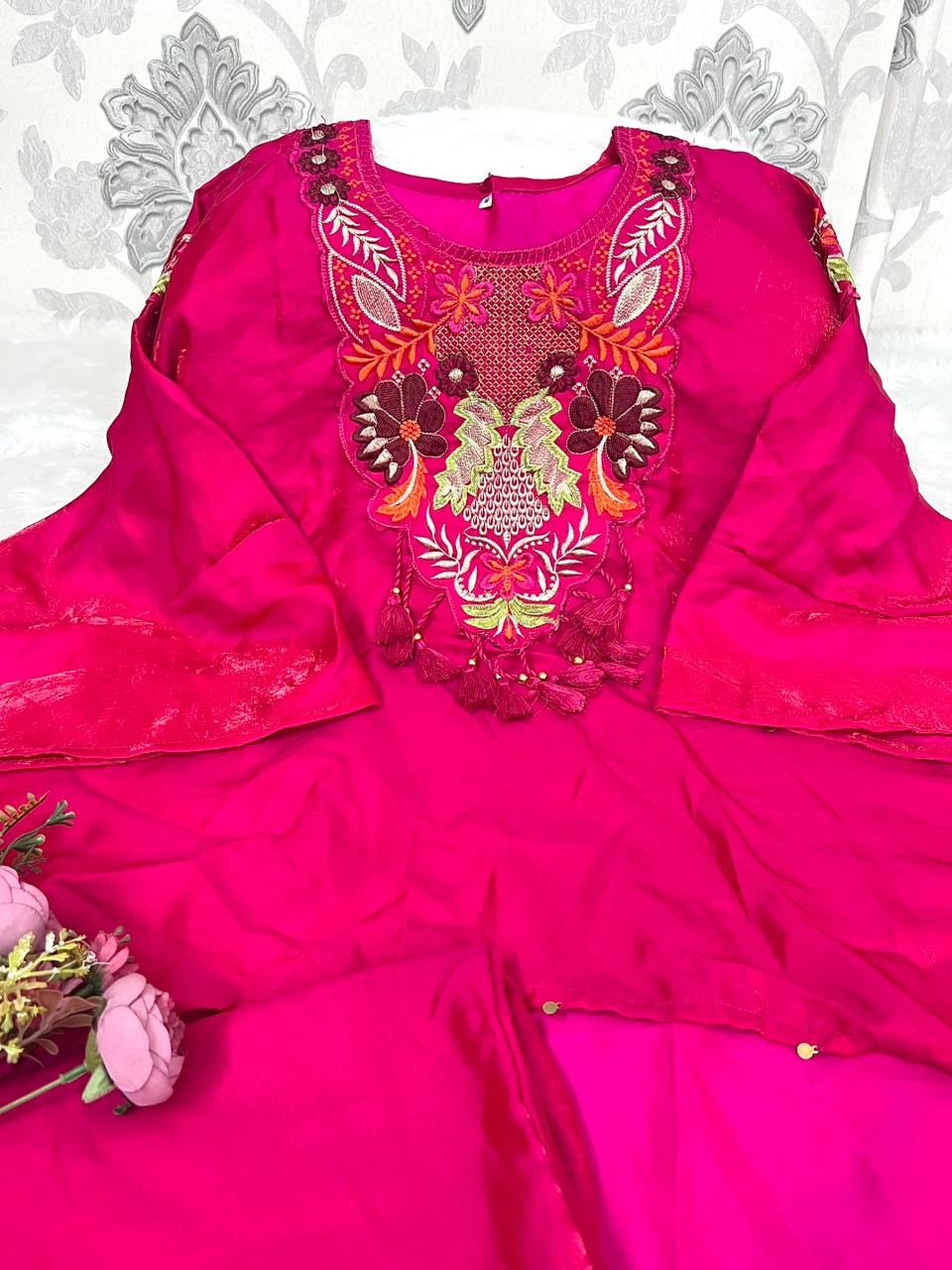 Mojito Silk Embroidered Kaftan Co-ord Set – Festive Designer Pink Outfit