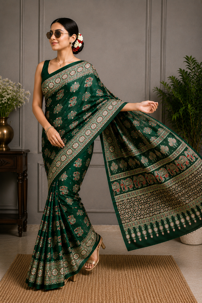 Elegant Ajrakh Pure Gajji Bandhej Soft Silk Saree With Mirror Work