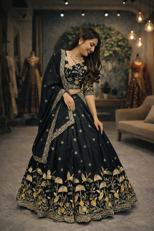Women's Vichitra Silk Embroidered Lehenga Choli Set with Dupatta – Designer Festive Wear