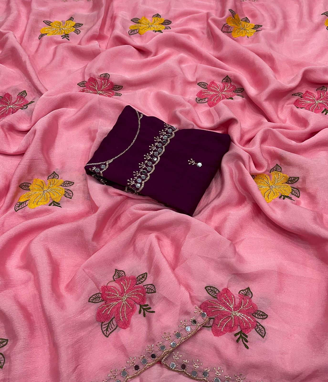 Chinon Silk Embroidery Saree