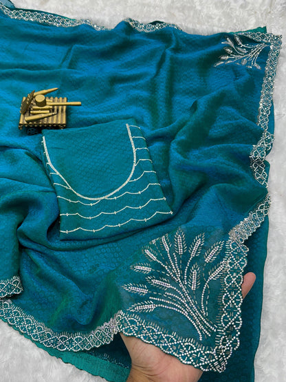 Pure Two Tone Fandy Satin Swarovski Work Partywear Saree with Jacquard Blouse