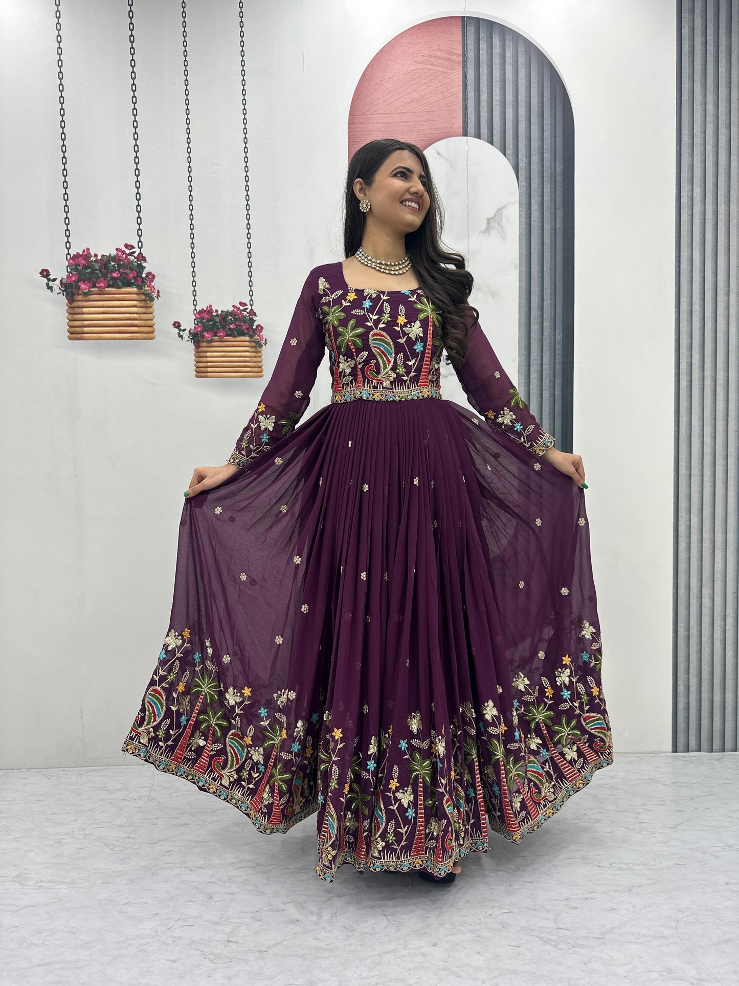 Embroidered Georgette Festive Gown with Dupatta