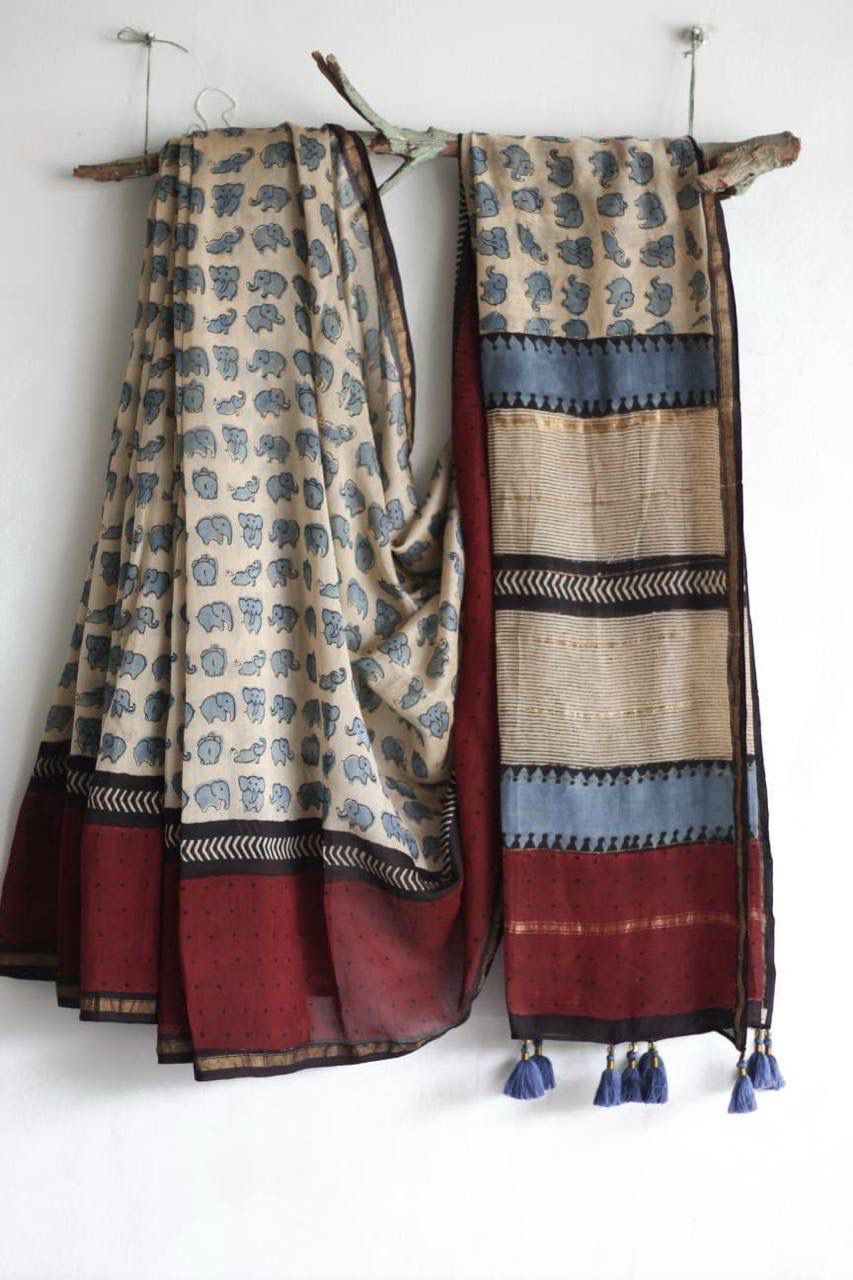 Pure Linen Chanderi Saree with Kalamkari Print & Zari Border