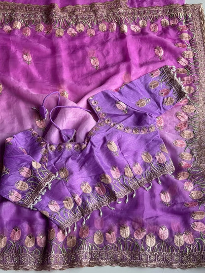 Lotus Soft Fendy Satin Saree With Embroidery Sequence & Thread Work Border