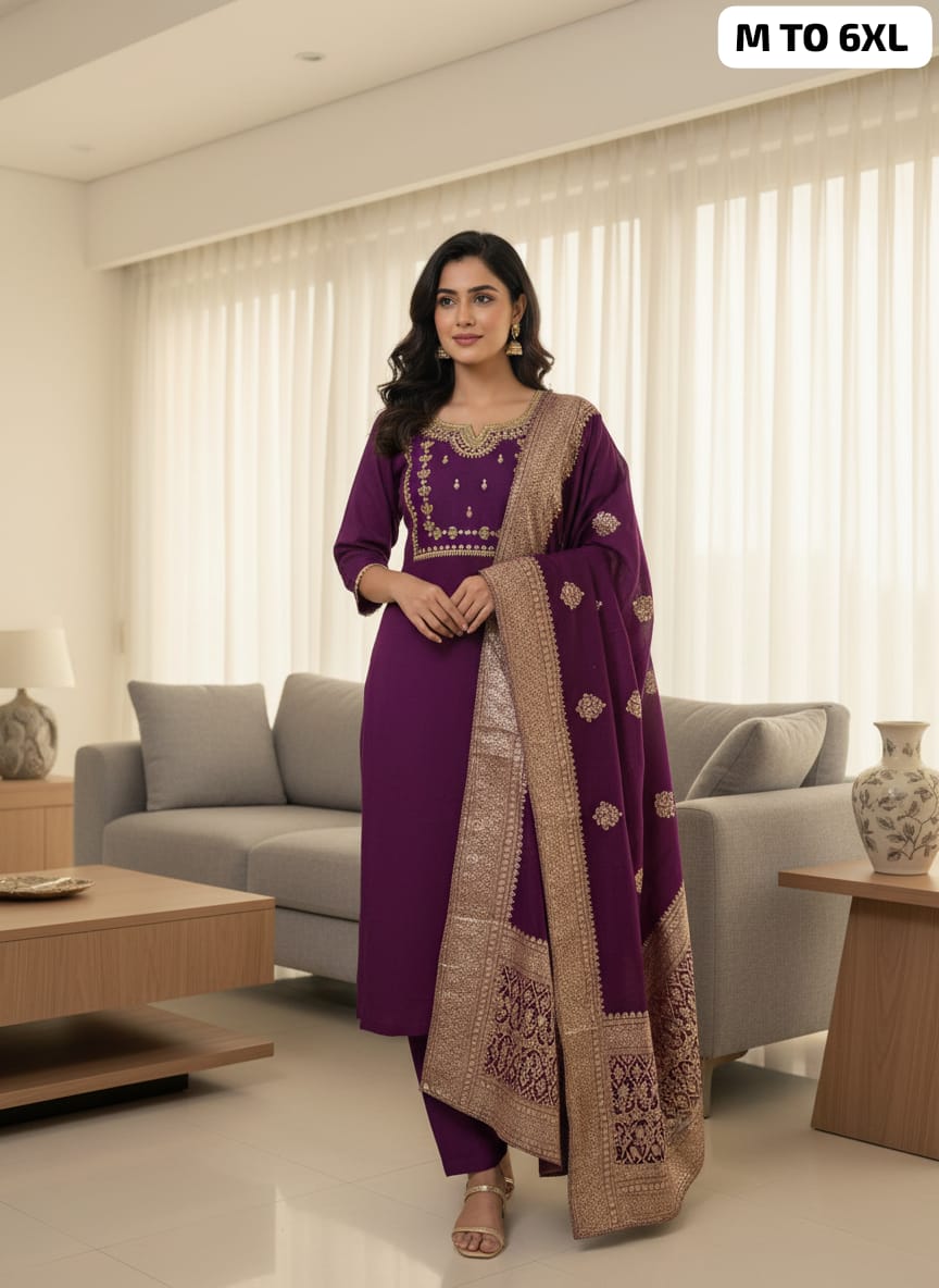 Premium Roman Silk Embroidered Kurti Pant Dupatta Set (M–6XL)