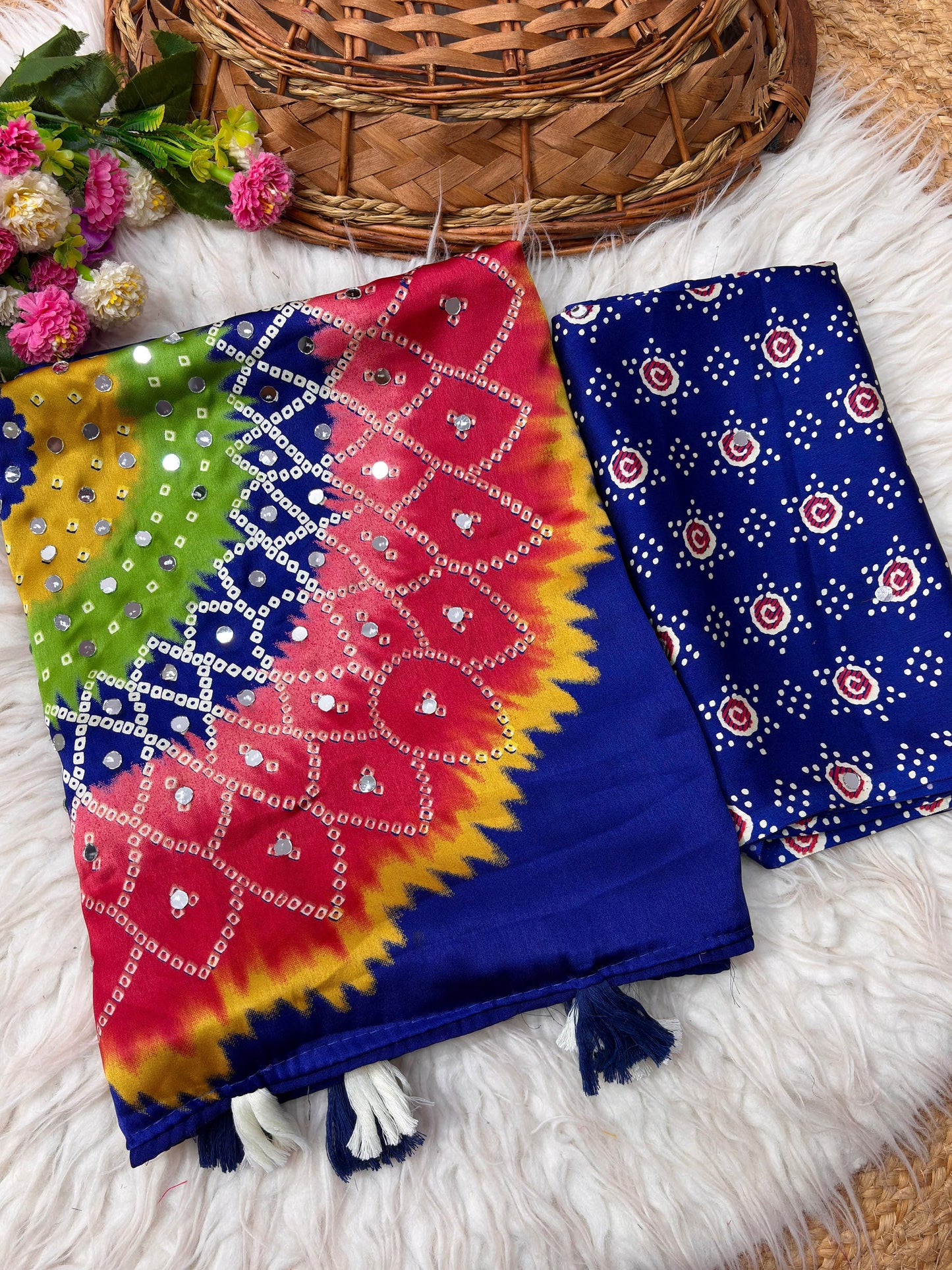 Premium Japan Satin Mirror Work Saree with Tassel Pallu