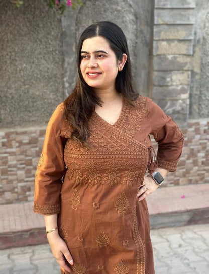 Cotton Chikankari Angrakha Kurti Set