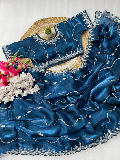 Zoya Soft Satin Silk Saree with 3MM Sequins Embroidery Border & Stitched Blouse