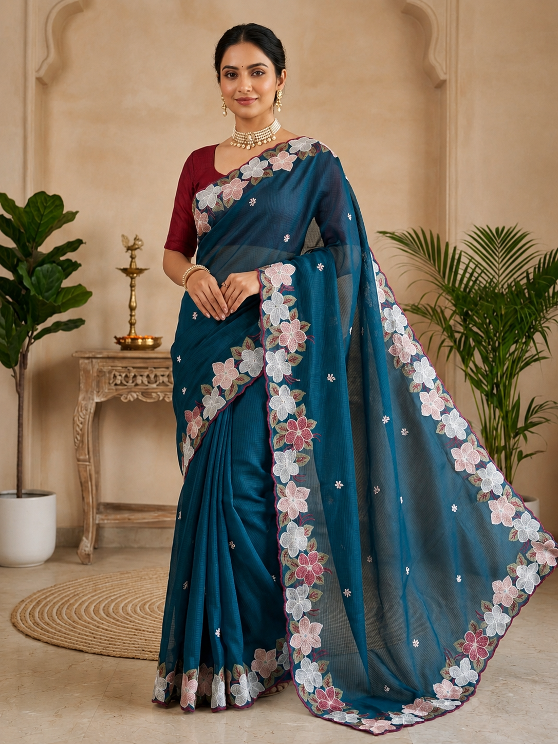 SASHA Kota Doriya Embroidered Saree with Contrast Blouse