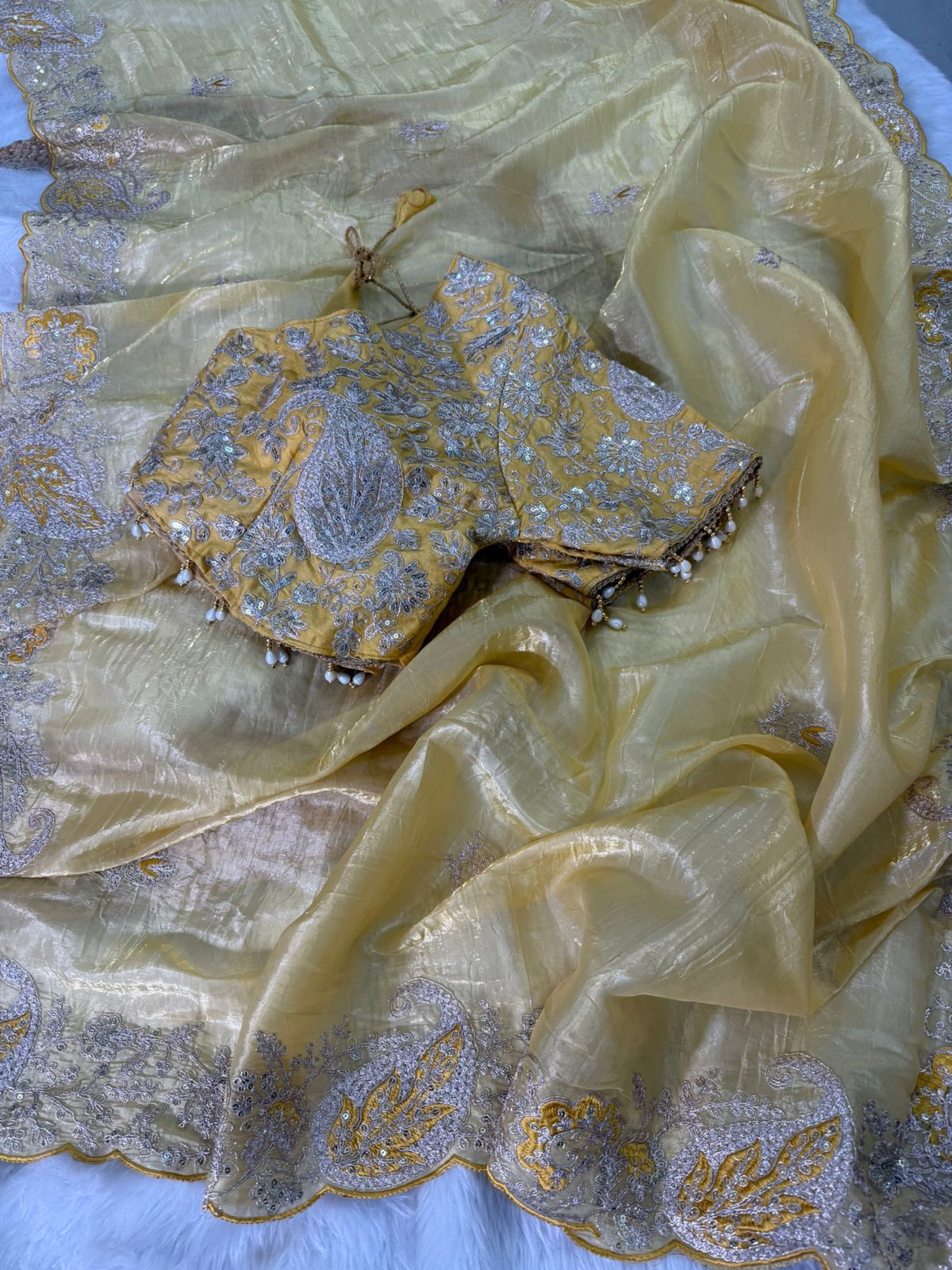 Elegant Crystal Crush Tissue Saree – Designer Embroidered Party Wear
