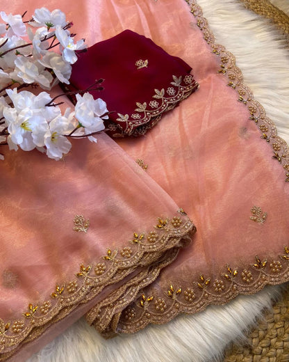 Soft Twills Organza Saree with All Over Handwork & Designer Border