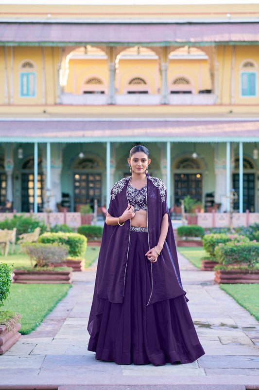 Elegant Cape Style Fendi Silk Lehenga Set