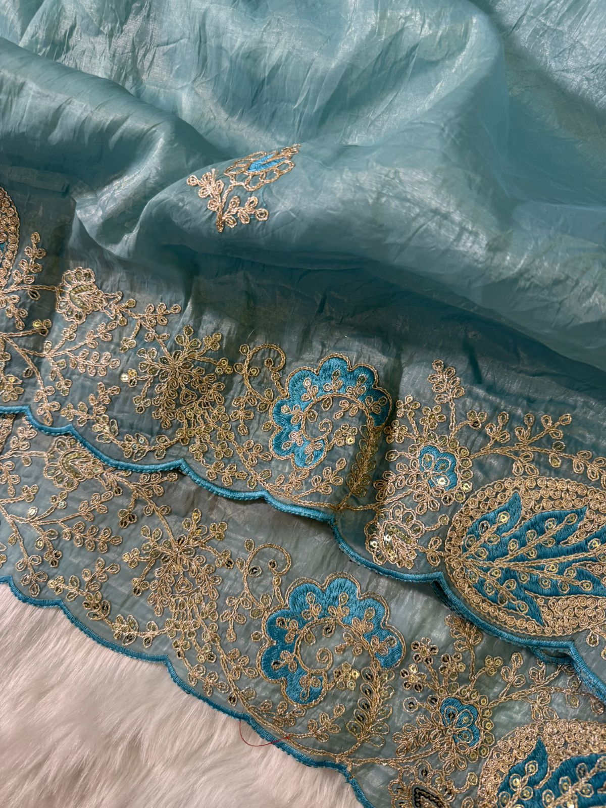 Elegant Crystal Crush Tissue Saree – Designer Embroidered Party Wear