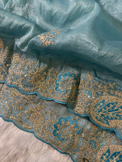 Elegant Crystal Crush Tissue Saree – Designer Embroidered Party Wear