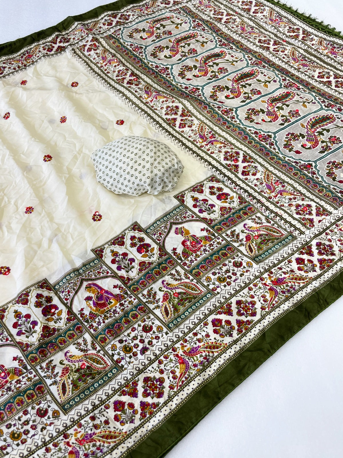 Premium Pure Moss Chiffon Saree with Peacock Floral Print & Mirror Work