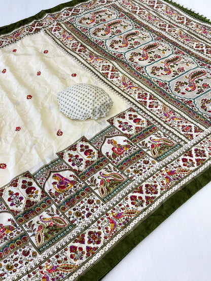 Premium Pure Moss Chiffon Saree with Peacock Floral Print & Mirror Work