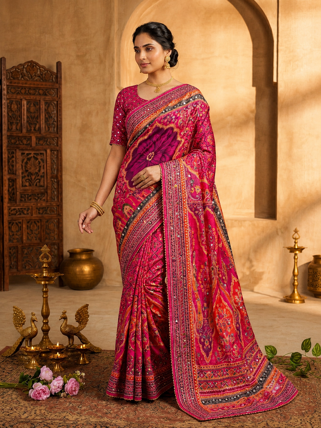 Karigari Soft Chinon Silk Digital Print Saree with Hand Aari Work & 2000+ Real Mirror Work