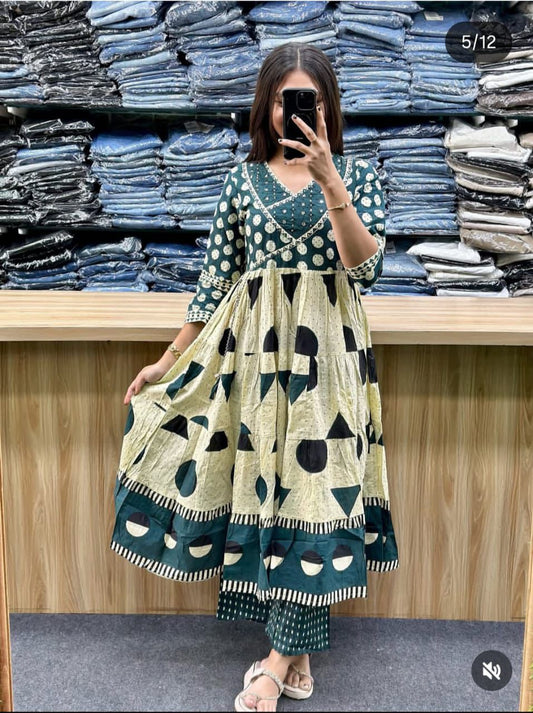 Women's Printed Cotton Anarkali Kurta Pant Dupatta Set with Sequence Work