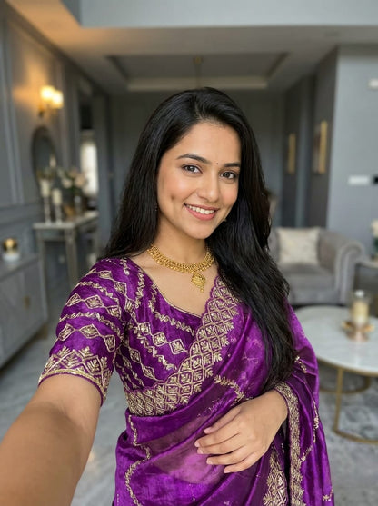 Shanaya Zimmy Choo Silk Saree With Heavy Embroidery Sequence Work & Blouse (Up to 42”)
