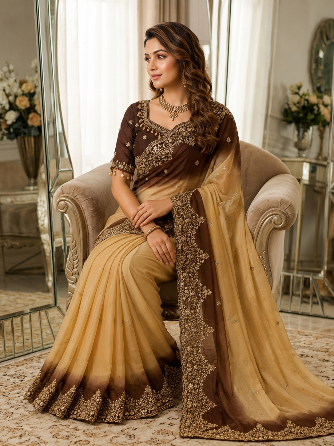 Shipra Embroidered Moss Saree with Sequins Border & Designer Stitched Blouse