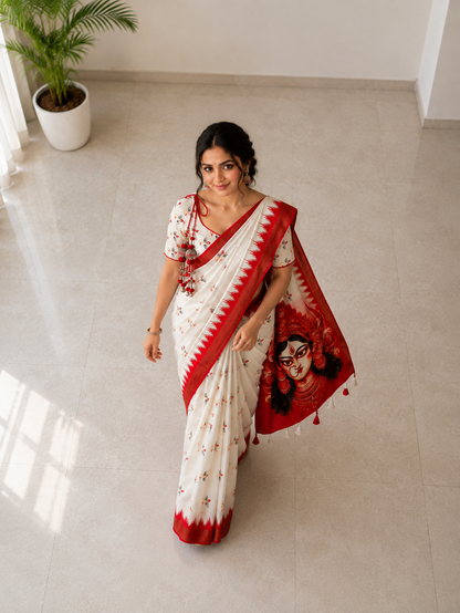 Durga Puja Special Handloom Tussar Saree with Heavy Printed Pallu & Blouse