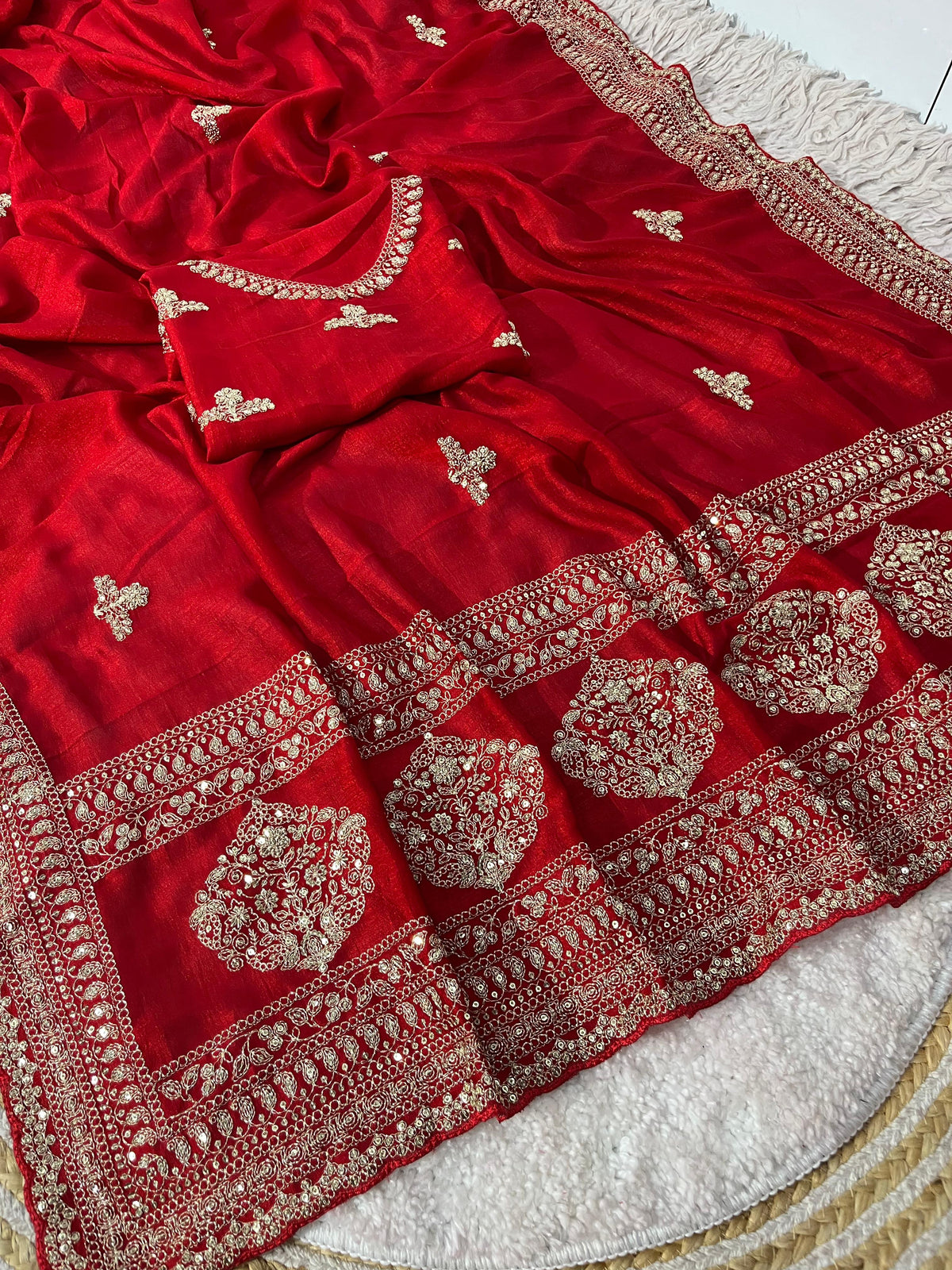 Premium Vichitra Silk Saree with Heavy Zari Sequins Work, Butti & Cutwork Border