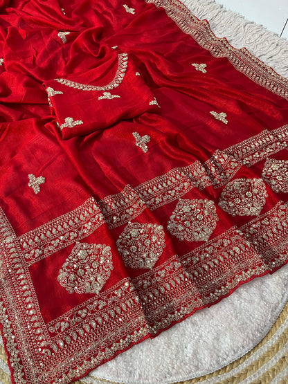 Premium Vichitra Silk Saree with Heavy Zari Sequins Work, Butti & Cutwork Border