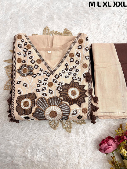 Cotton Natural Flax Mirror Work Cord-Set for Women – Embroidered Designer Top with Palazzo Pant (Cream Brown & Cream Blue)