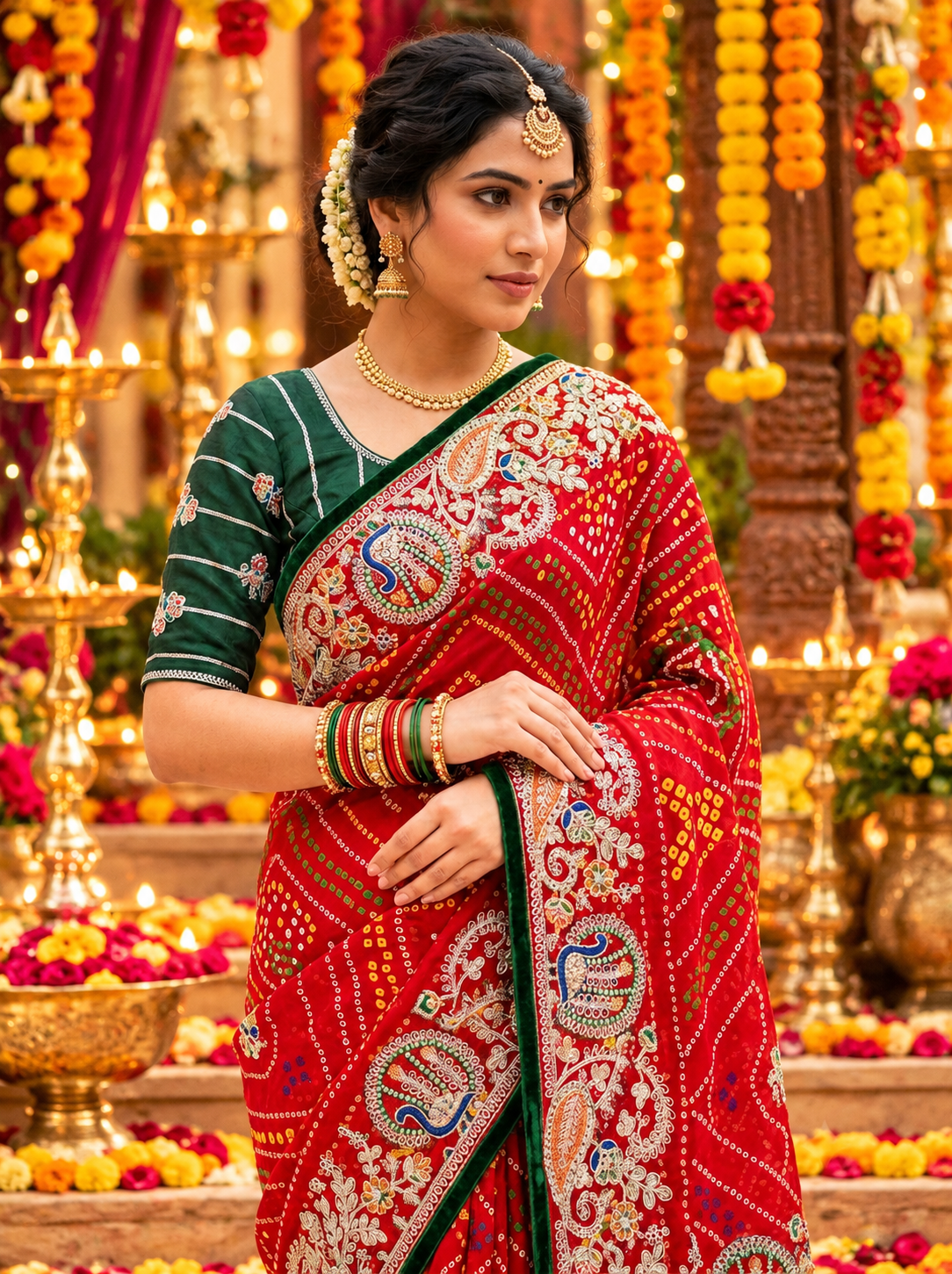 Heavy Bandhani Saree with Multi Coding C-Pallu, Diamond Work & All-Over Butti
