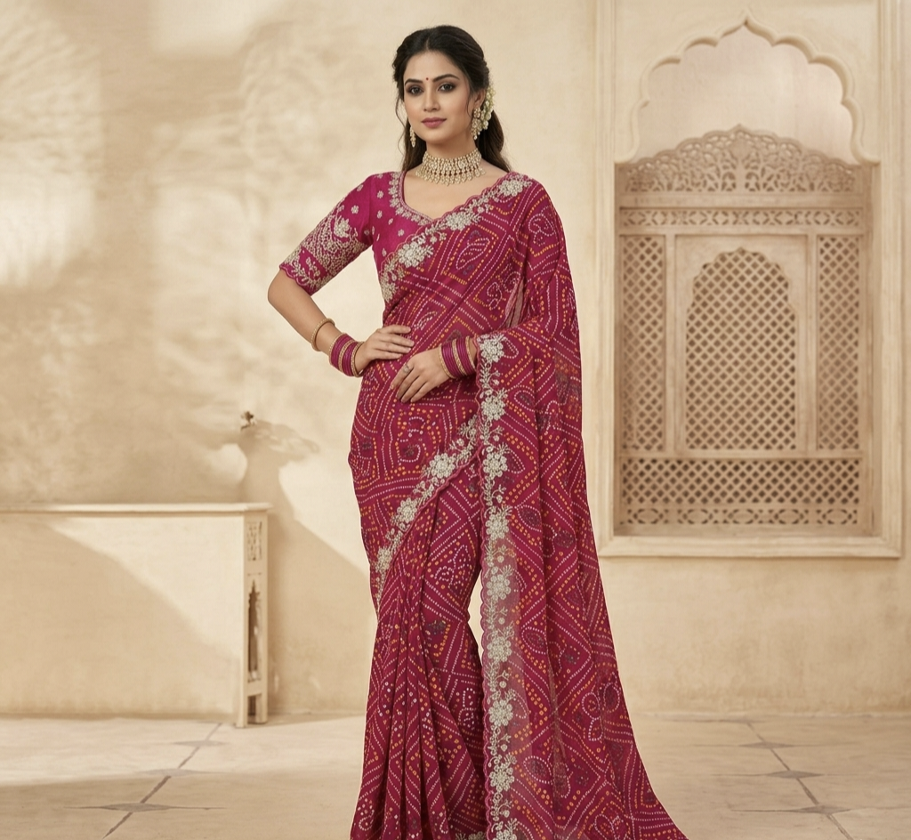 Designer Bandhani Style Printed Saree with Embroidery Border – Festive Wear Collection
