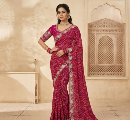 Designer Bandhani Style Printed Saree with Embroidery Border – Festive Wear Collection