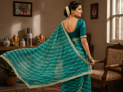 Georgette Leheriya Saree with Mirror Lace Border & Unstitched Blouse | Designer Party Wear Saree