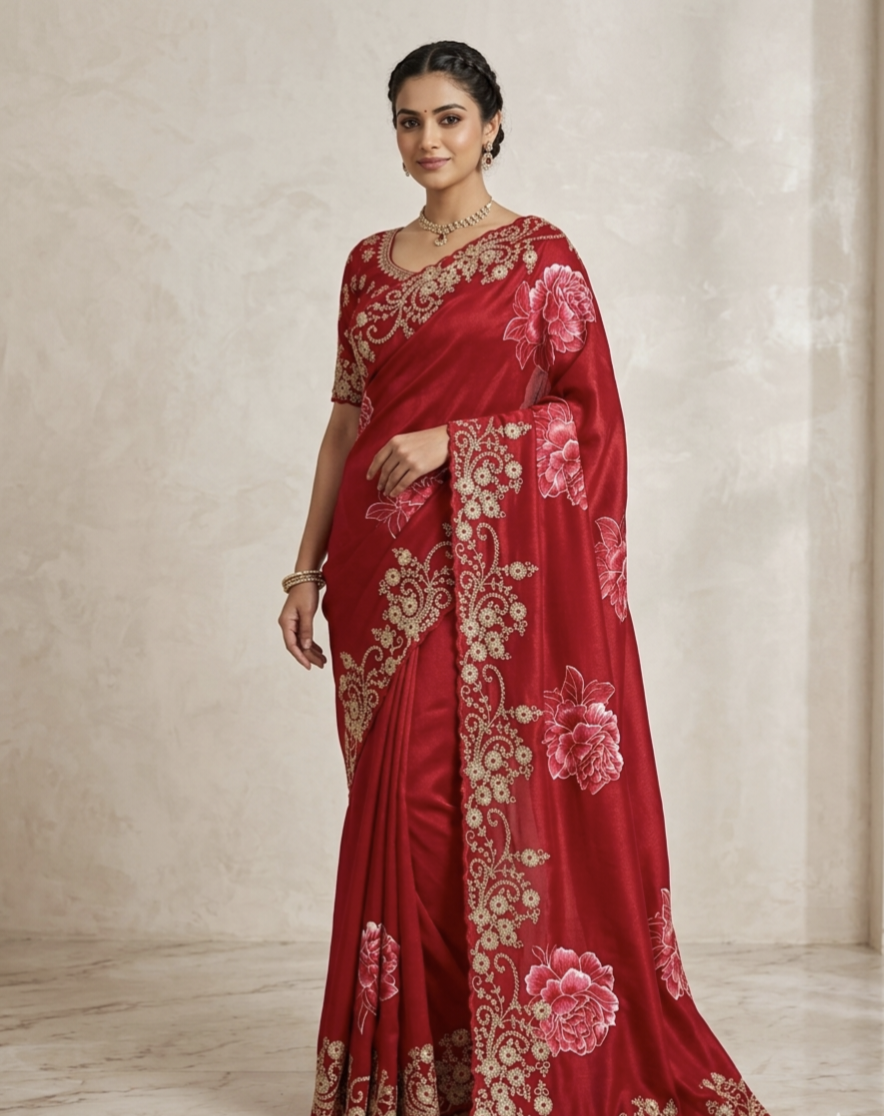 Designer Floral Embroidered Silk Saree with Rich Zari Work