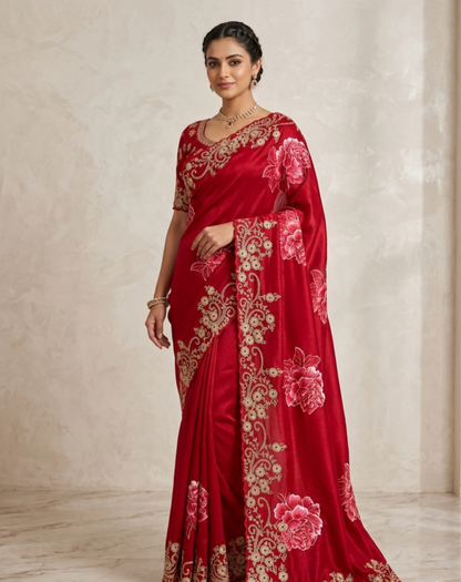 Designer Floral Embroidered Silk Saree with Rich Zari Work