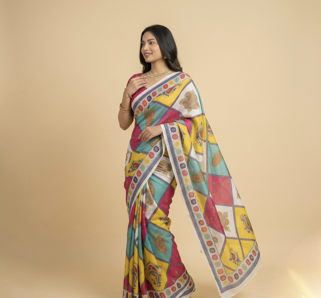 Designer Chinon Digital Print Mirror Work Saree Collection