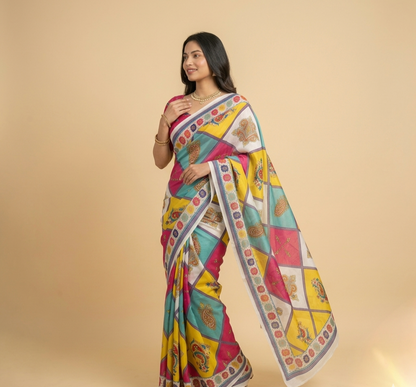 Designer Chinon Digital Print Mirror Work Saree Collection