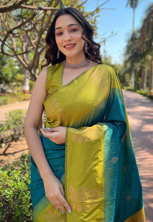Olive Green & Teal Zari Work Saree