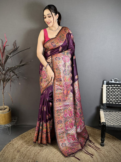Pashmina Silk Kashmiri Saree With Meenakari Zari Weaving Border & Rich Pallu