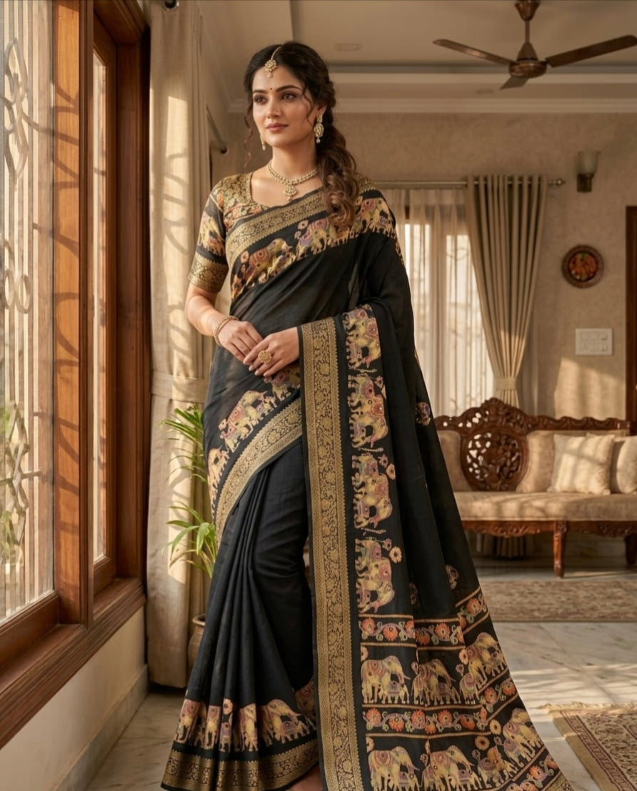 Royal Elephant Border Pure Marsh Mellow Silk Saree With Aari Mirror Work