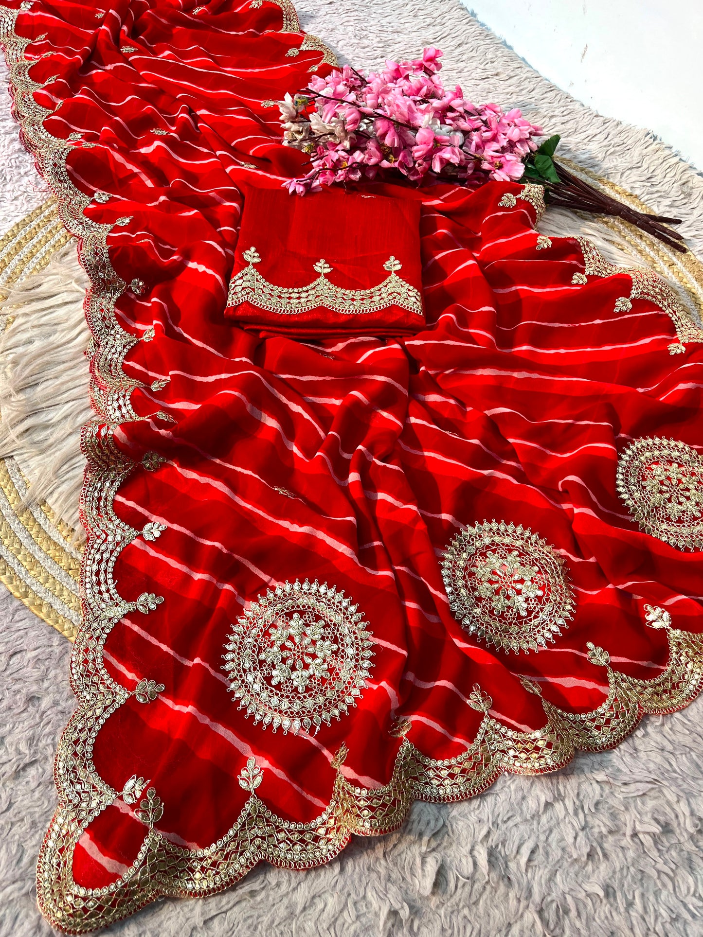 Traditional Leheriya Georgette Saree with Heavy Foil Gota Work & Cutwork Border