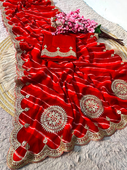 Traditional Leheriya Georgette Saree with Heavy Foil Gota Work & Cutwork Border