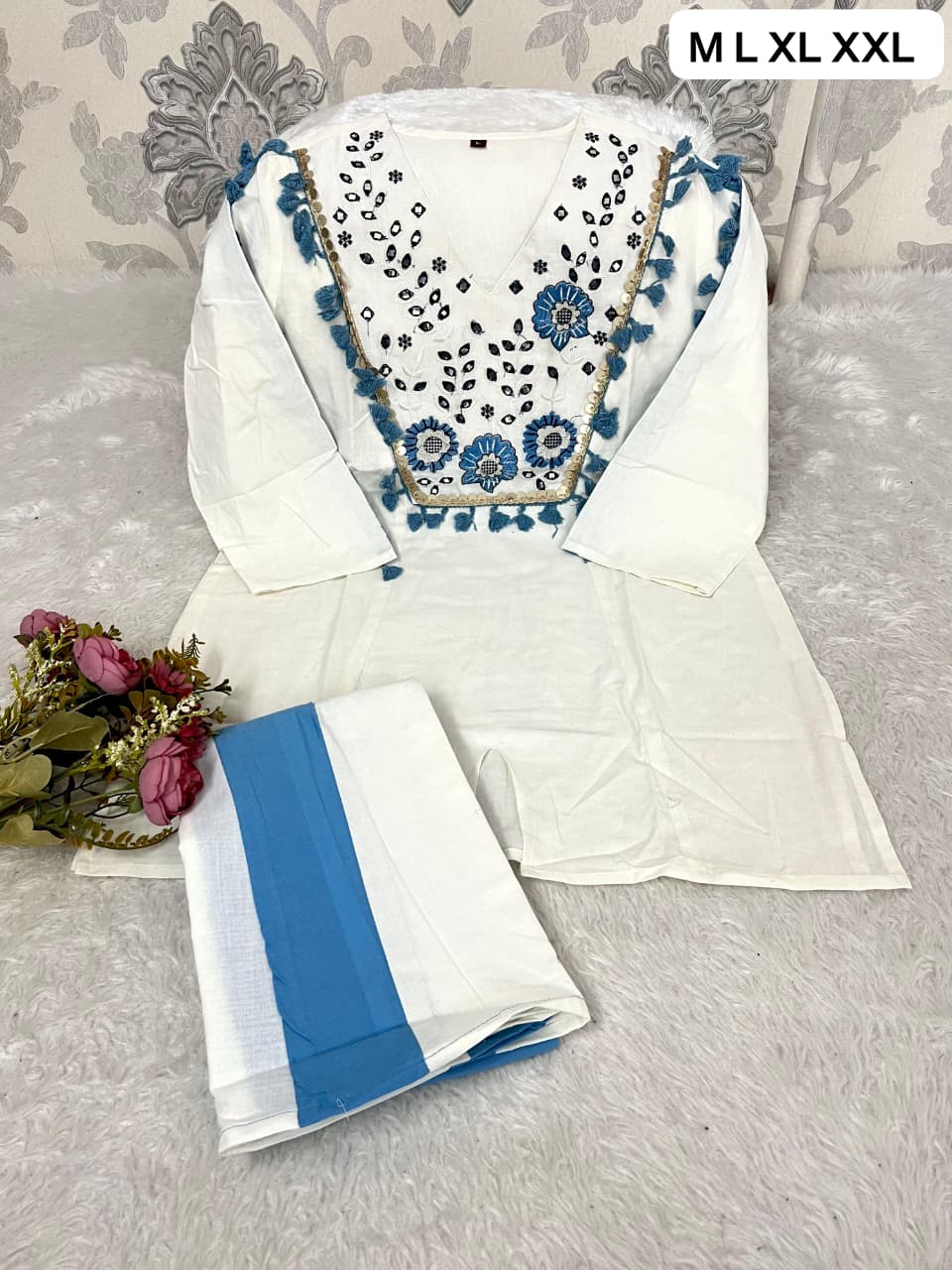 Cotton Natural Flax Mirror Work Cord-Set for Women – Embroidered Designer Top with Palazzo Pant (Cream Brown & Cream Blue)