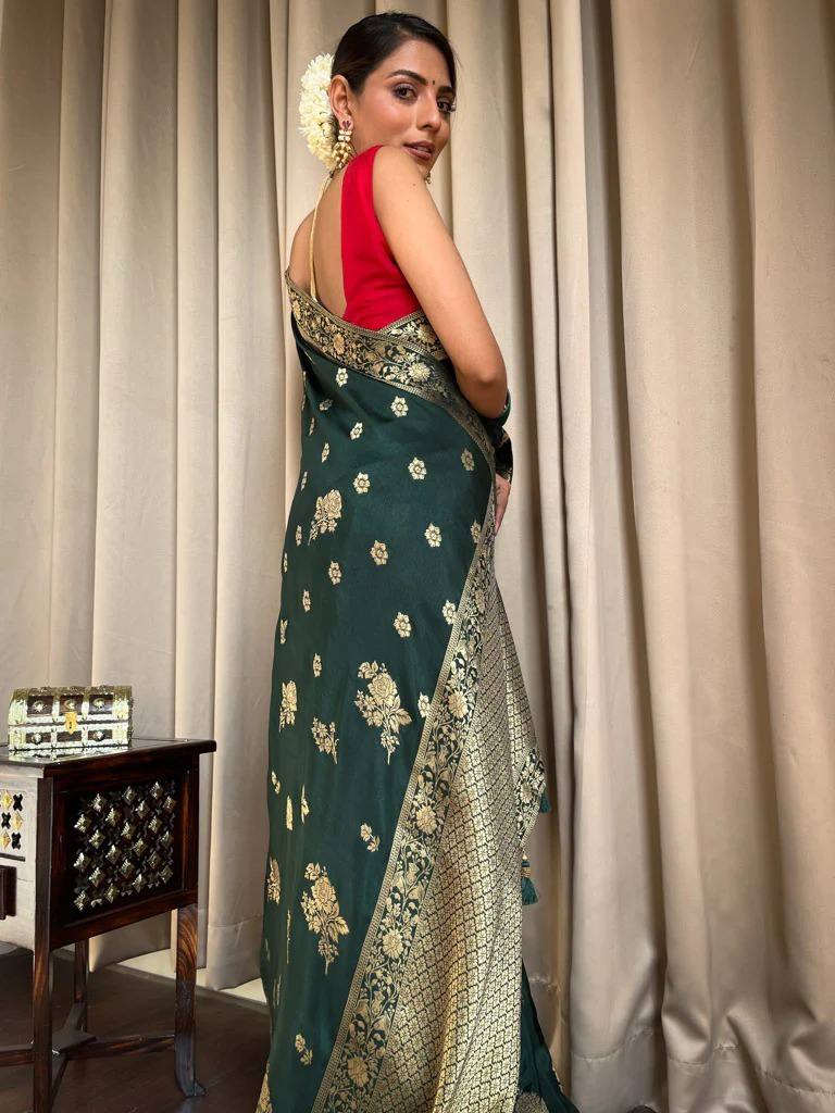 Dark Green Zari Work Festive Saree