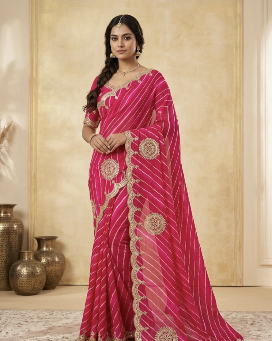 Traditional Leheriya Georgette Saree with Heavy Foil Gota Work & Cutwork Border