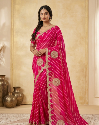 Traditional Leheriya Georgette Saree with Heavy Foil Gota Work & Cutwork Border