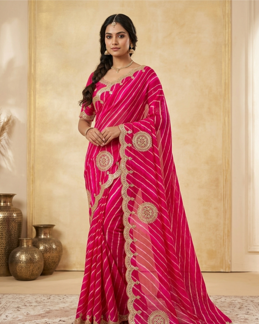 Traditional Leheriya Georgette Saree with Heavy Foil Gota Work & Cutwork Border